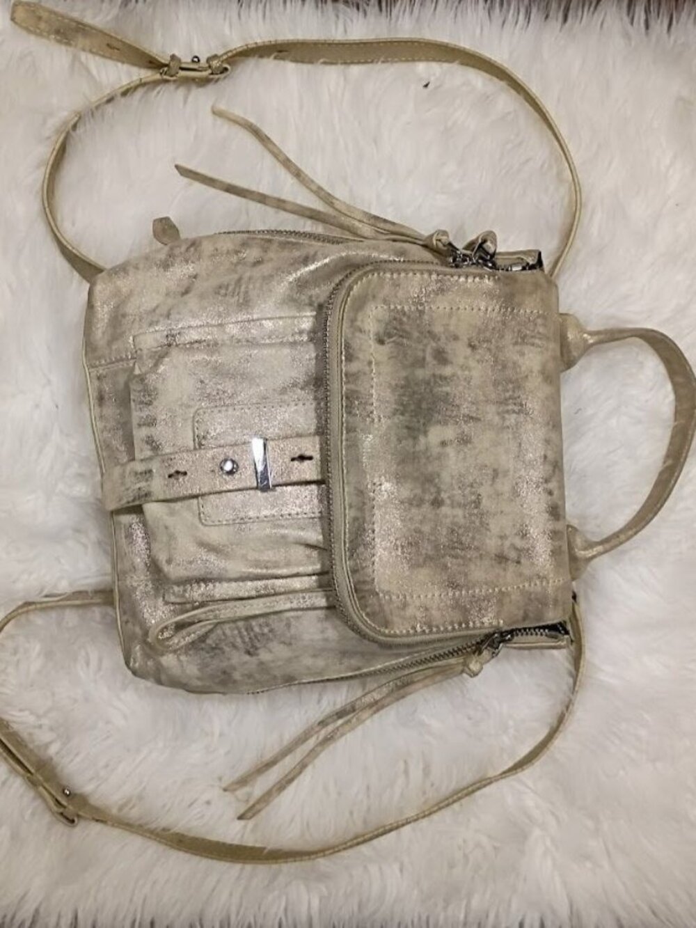 Botkier Metallic Gold Leather Backpack Purse With Adjustable Straps